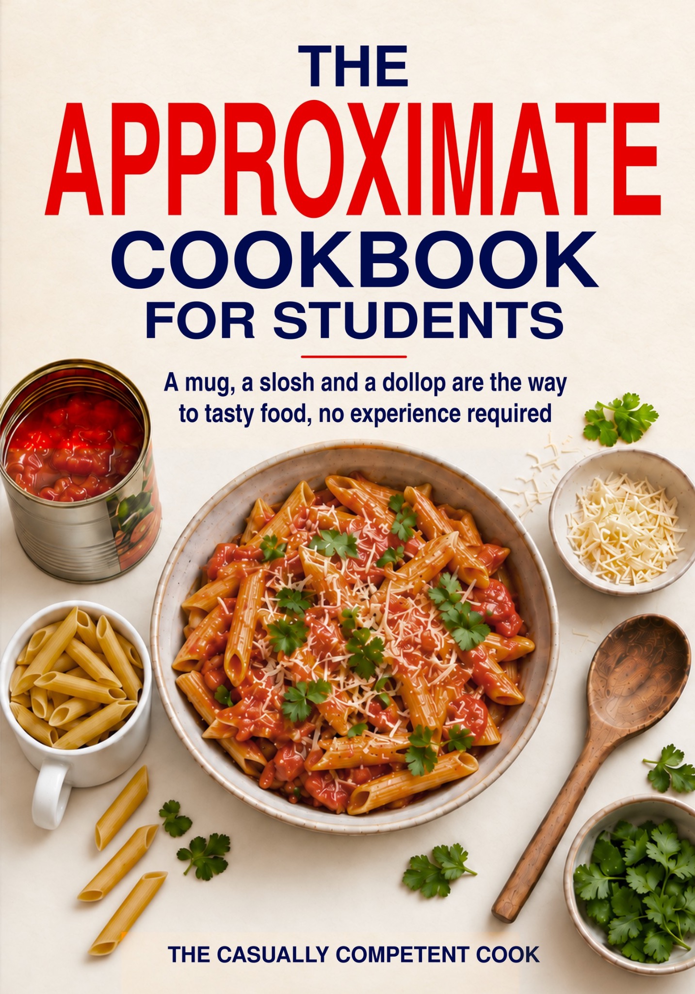 Cover of The Approximate Cookbook for Students, showing tomato pasta surrounded by a mug of dry pasta, an open tin of tomatoes, cheese, herbs and a wooden spoon.